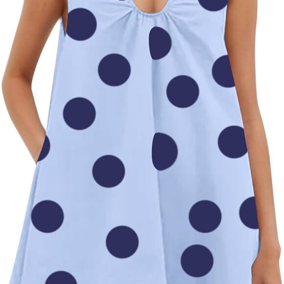 Women Polka Dot Mini Dress Cotton Sleeveless A-Line Pockets Summer Fun - Picture 1 of 4